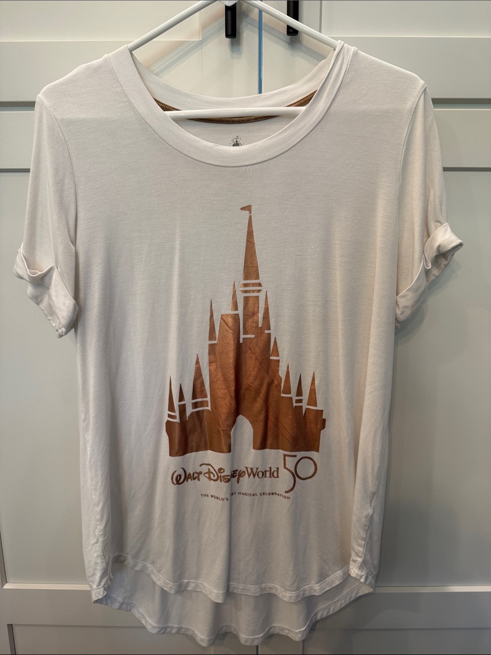 Disney White Tee with Metallic Bronze Castle Graphic